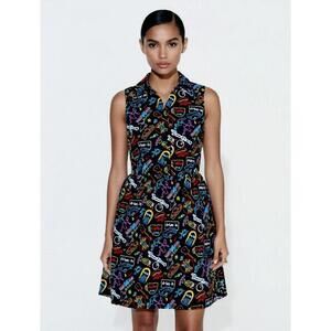 Retro Rock VTG 60s Dolllz & Damez Black multicolor graphic Dress Button Down